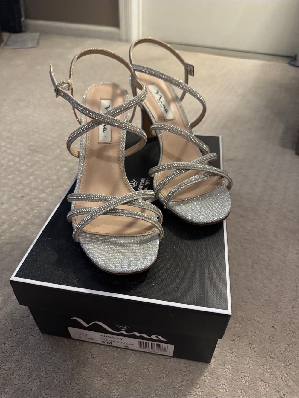 Nina Silver Glitter Strappy High Heel Sandals with Ankle Strap